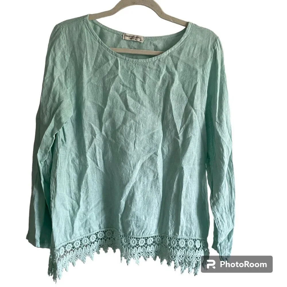 TERZO Millennio 100% Linen Oversized Long Sleeve  Tunic Blouse with Lace Size M